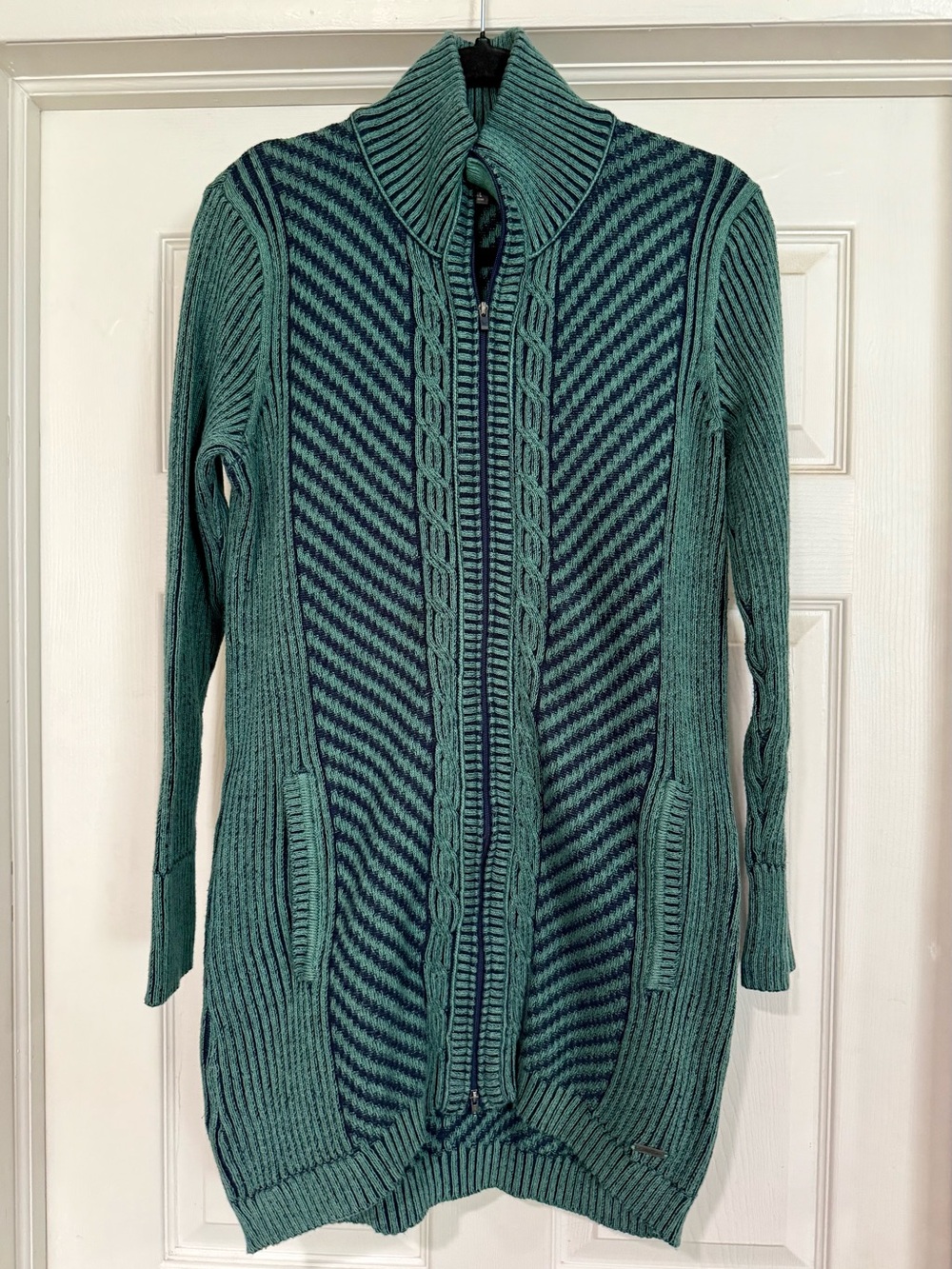 Eddie Bauer Teal and Navy Zip-Front Long Cardigan